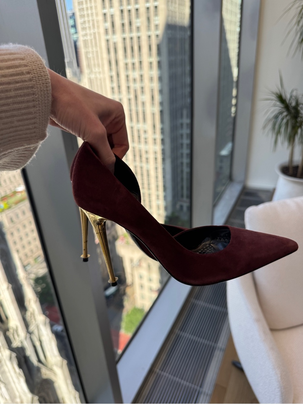 Tom Ford oxblood Burgundy Suede Pointed D'Orsay Pump with Gold Stiletto Heel